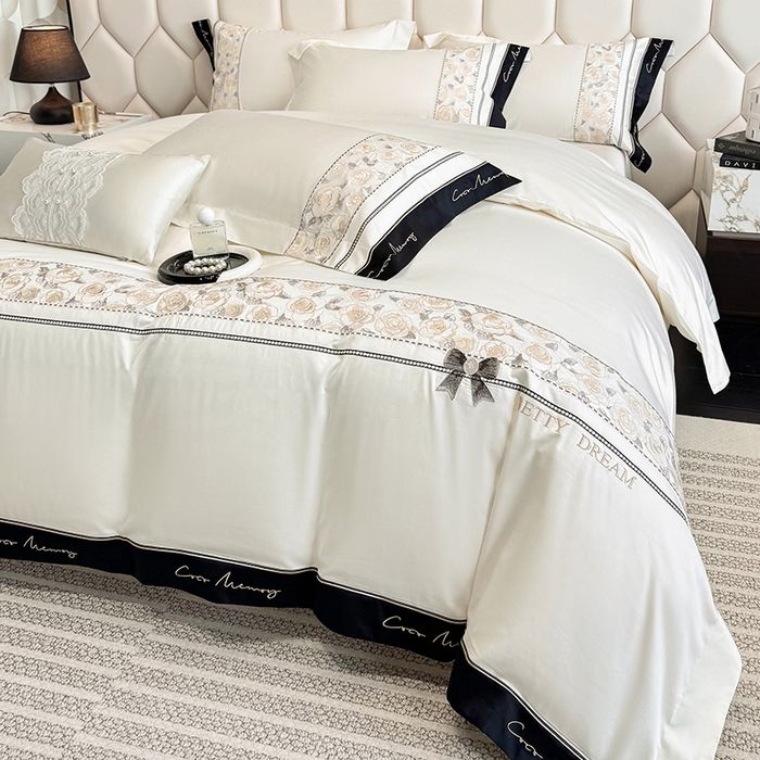 91家纺网 家纺一手货源 找家纺 欣宜家纺 2026春夏新款60支A类新疆长绒棉刺绣全棉四件套纯棉床品套件 玛丽-奶白