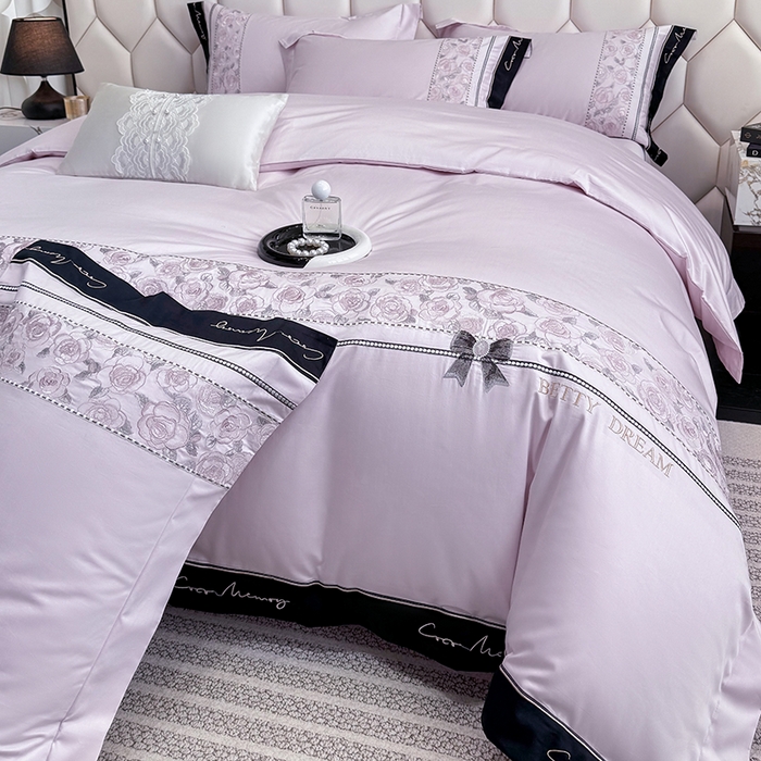 91家纺网 家纺一手货源 找家纺 欣宜家纺 2026春夏新款60支A类新疆长绒棉刺绣全棉四件套纯棉床品套件 玛丽-香芋紫