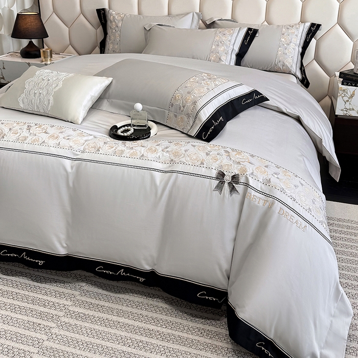 91家纺网 家纺一手货源 找家纺 欣宜家纺 2026春夏新款60支A类新疆长绒棉刺绣全棉四件套纯棉床品套件 玛丽-石灰