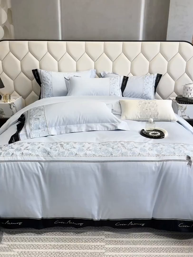 91家纺网 家纺一手货源 找家纺 欣宜家纺 2026春夏新款60支A类新疆长绒棉刺绣全棉四件套纯棉床品套件 玛丽-梦幻蓝