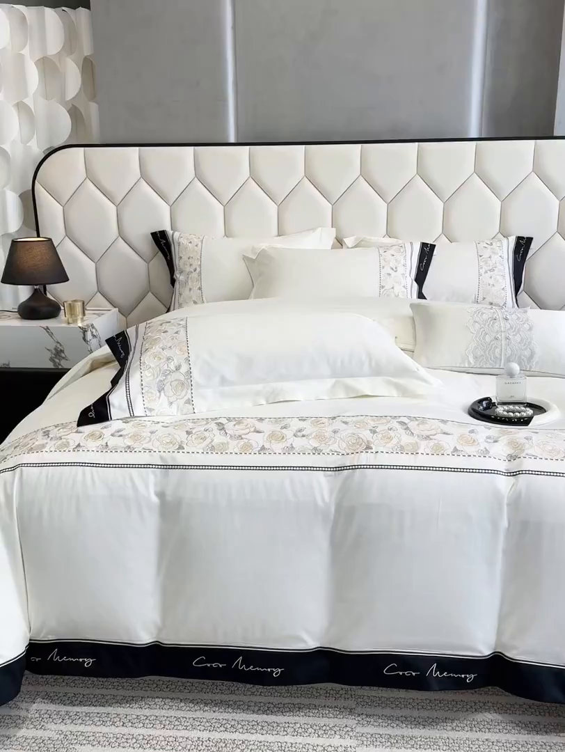 91家纺网 家纺一手货源 找家纺 欣宜家纺 2026春夏新款60支A类新疆长绒棉刺绣全棉四件套纯棉床品套件 玛丽-奶白