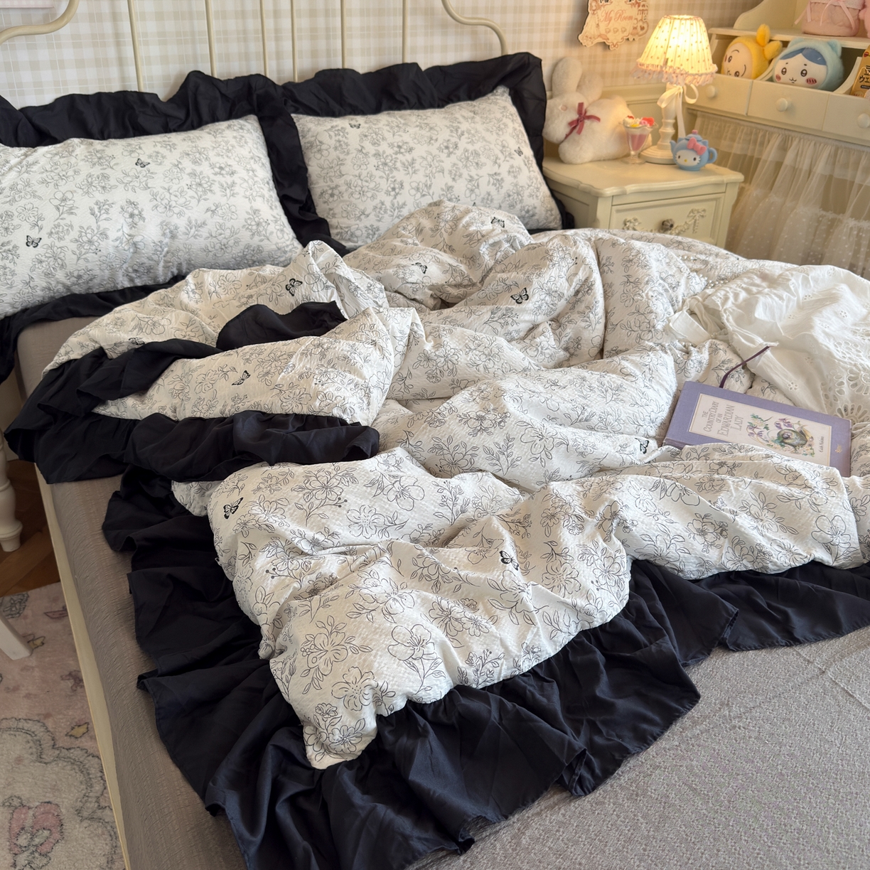 91家纺网 家纺一手货源 找家纺 优卡迪家纺馆 2026新款皱皱棉双层纱黑花边四件套下载文件包含买家秀 雨蝶