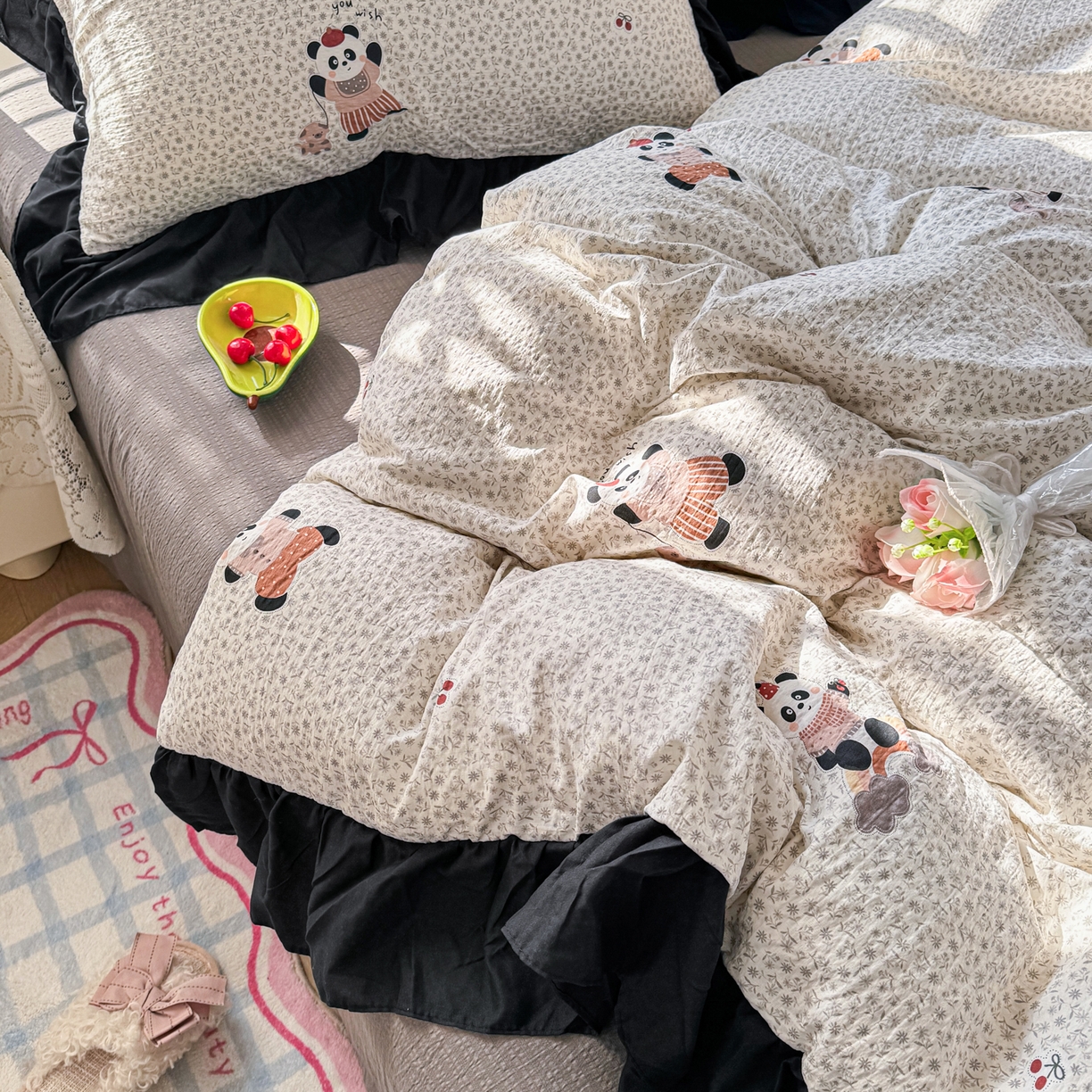 91家纺网 家纺一手货源 找家纺 优卡迪家纺馆 2026新款皱皱棉双层纱黑花边四件套下载文件包含买家秀 静谧时光