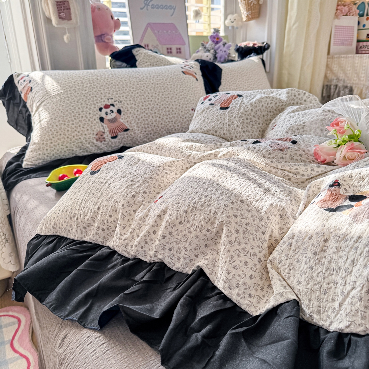91家纺网 家纺一手货源 找家纺 优卡迪家纺馆 2026新款皱皱棉双层纱黑花边四件套下载文件包含买家秀 静谧时光