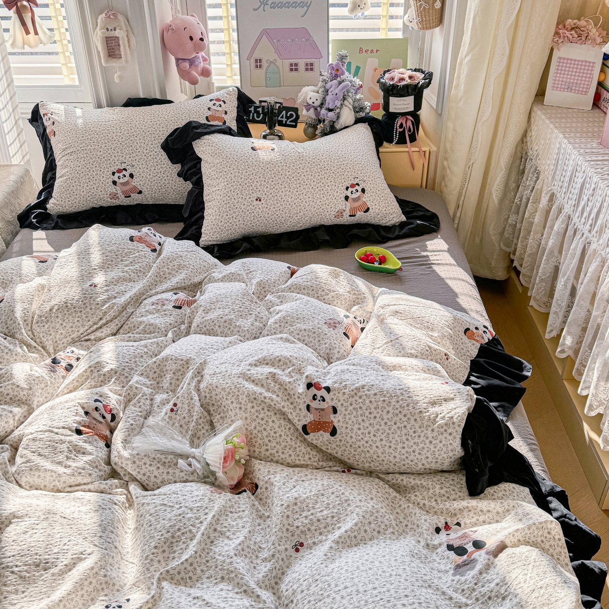 91家纺网 家纺一手货源 找家纺 优卡迪家纺馆 2026新款皱皱棉双层纱黑花边四件套下载文件包含买家秀 静谧时光