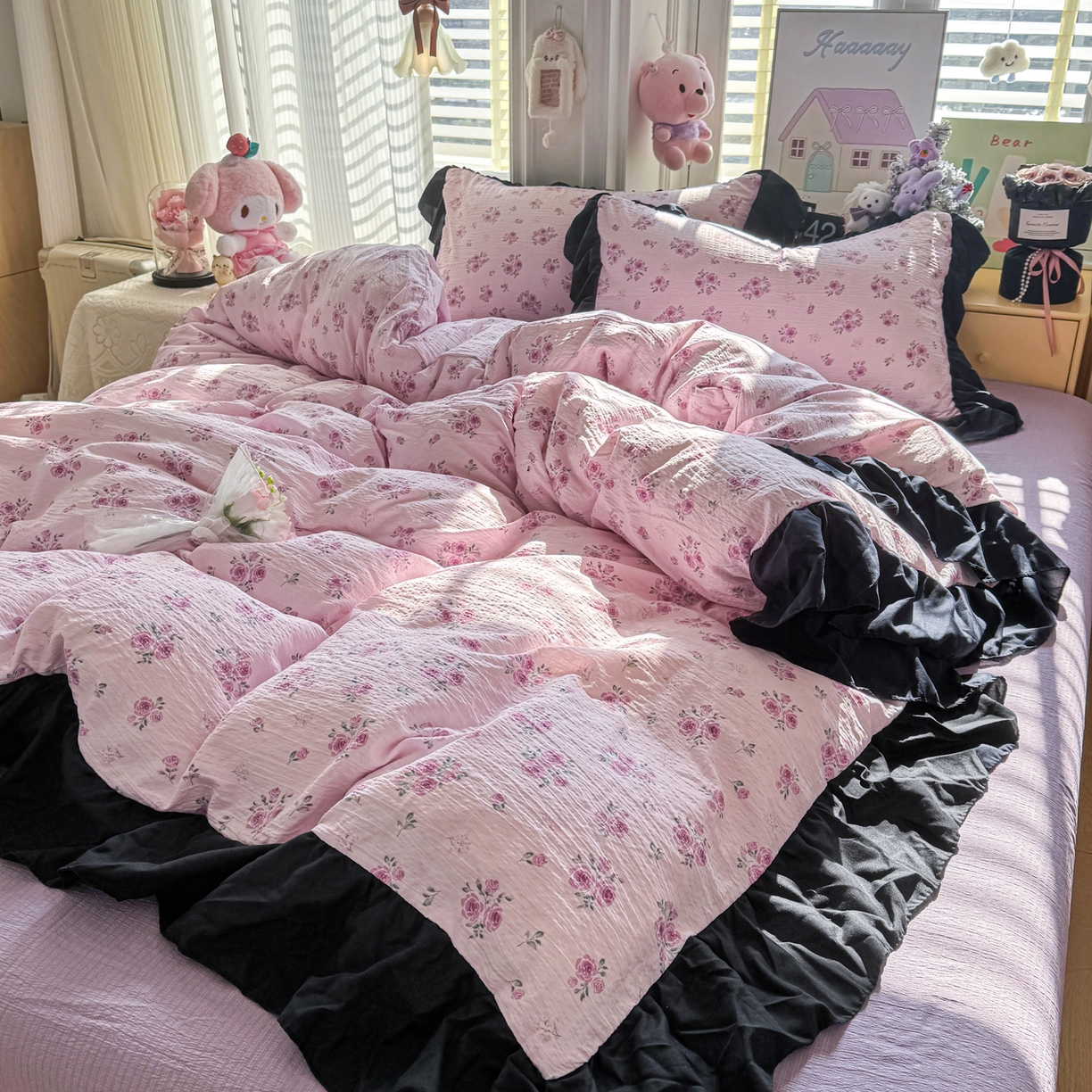 91家纺网 家纺一手货源 找家纺 优卡迪家纺馆 2026新款皱皱棉双层纱黑花边四件套下载文件包含买家秀 午后甜梦