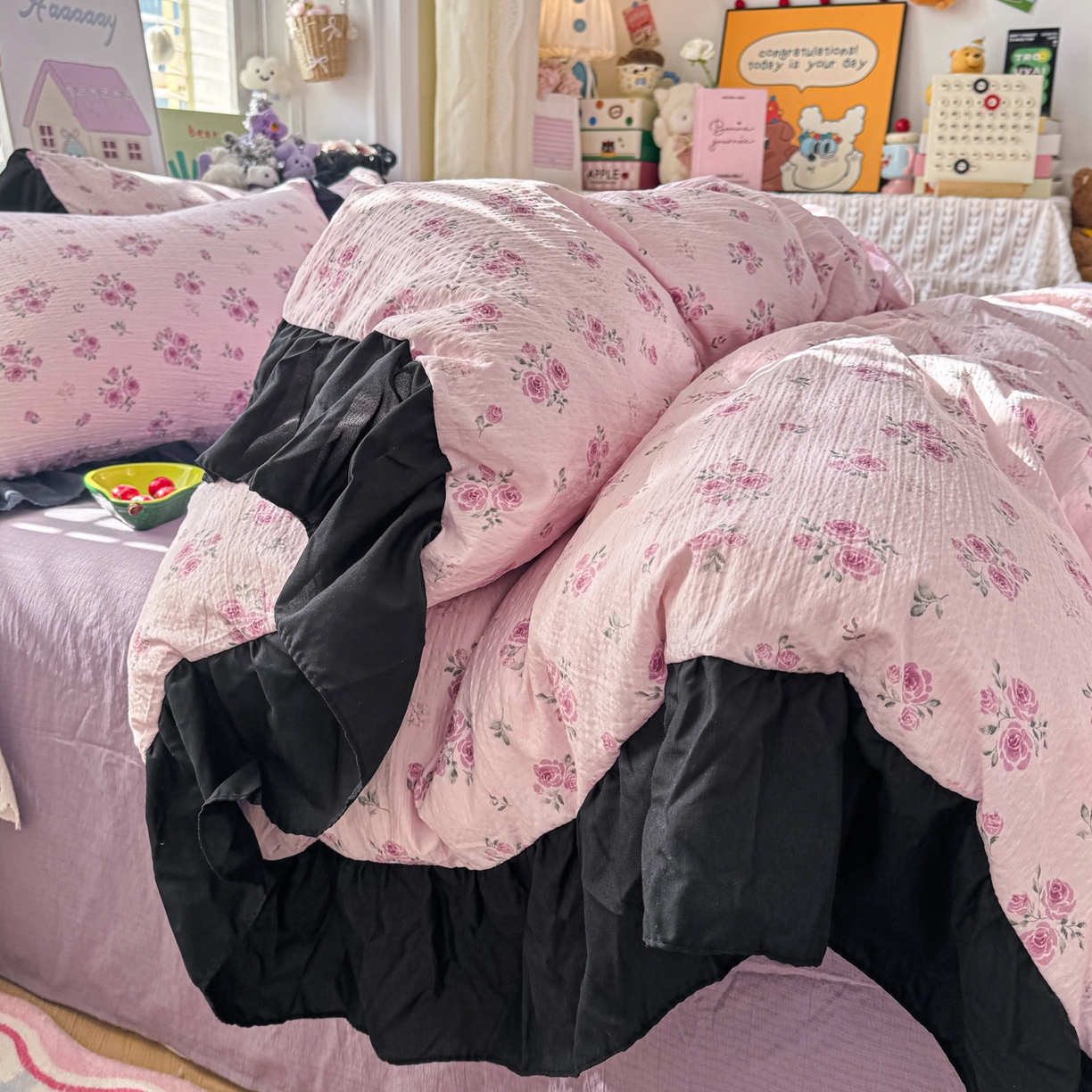 91家纺网 家纺一手货源 找家纺 优卡迪家纺馆 2026新款皱皱棉双层纱黑花边四件套下载文件包含买家秀 午后甜梦