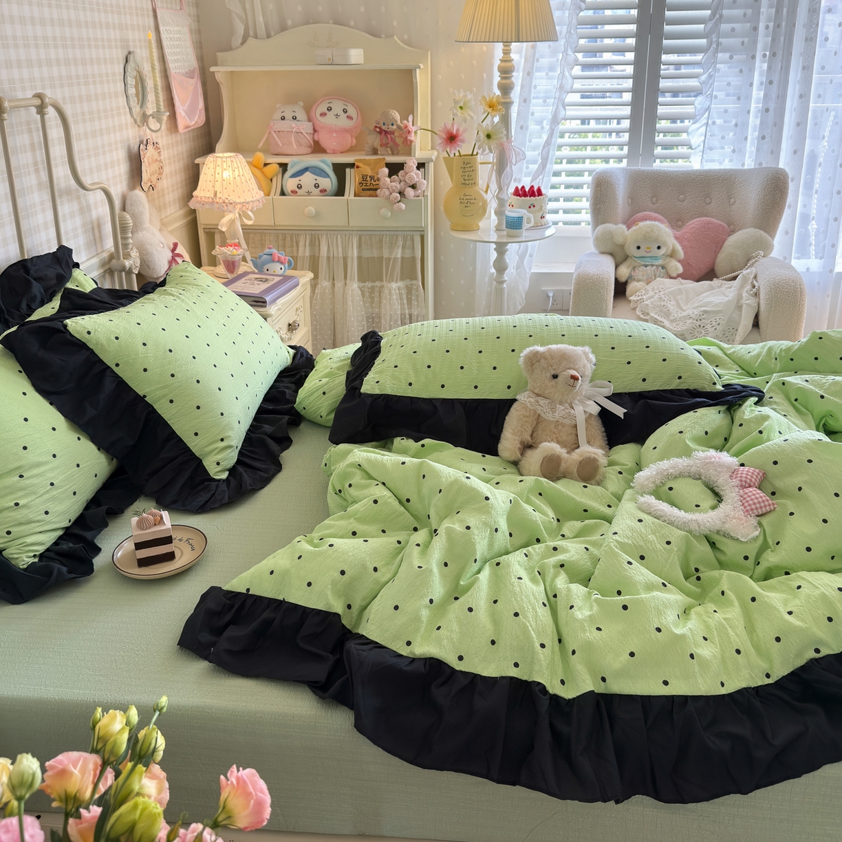 91家纺网 家纺一手货源 找家纺 优卡迪家纺馆 2026新款皱皱棉双层纱黑花边四件套下载文件包含买家秀 波点生活-绿