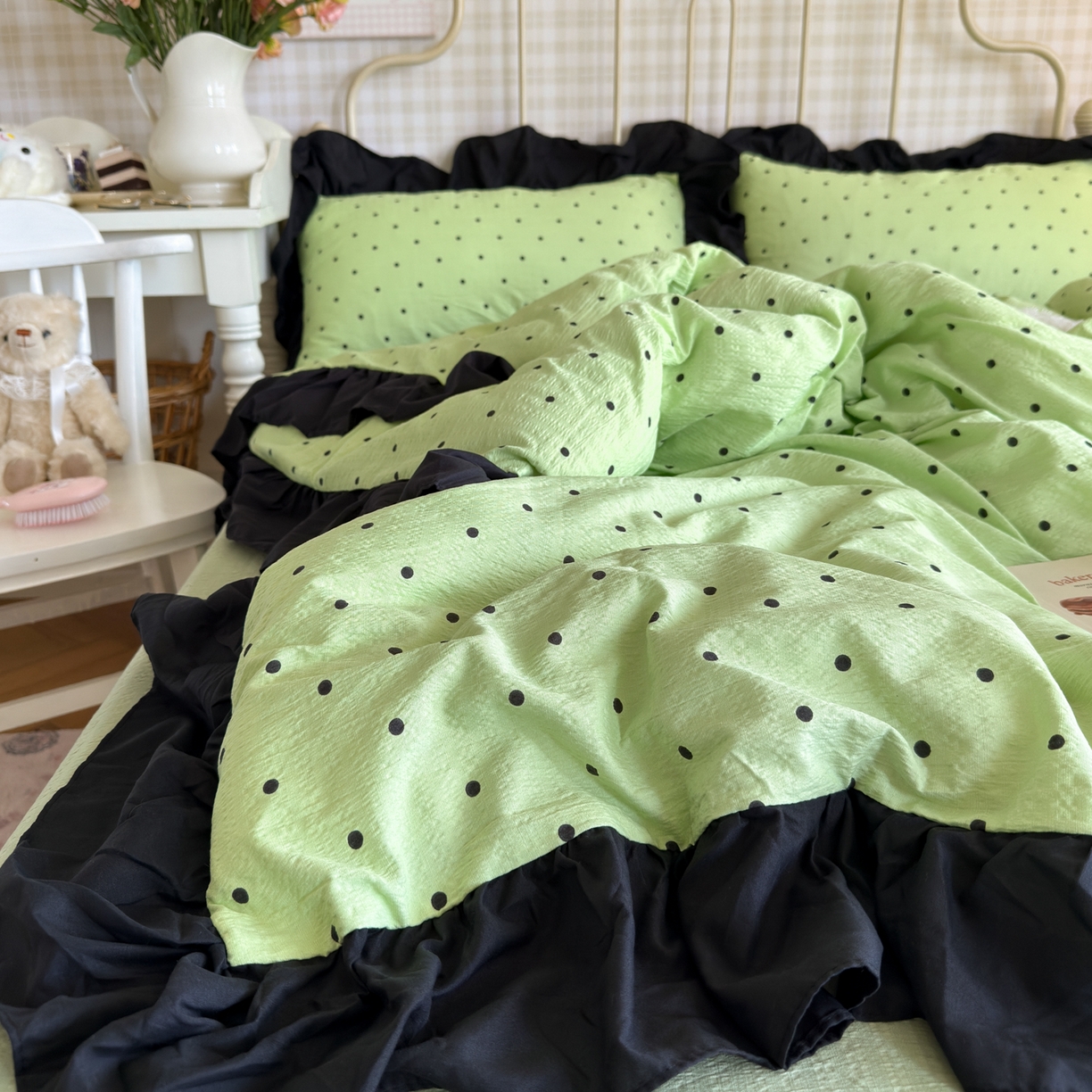 91家纺网 家纺一手货源 找家纺 优卡迪家纺馆 2026新款皱皱棉双层纱黑花边四件套下载文件包含买家秀 波点生活-绿