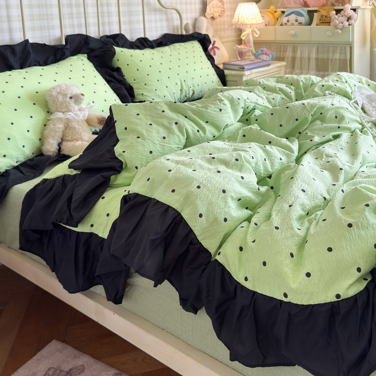 91家纺网 家纺一手货源 找家纺 优卡迪家纺馆 2026新款皱皱棉双层纱黑花边四件套下载文件包含买家秀 波点生活-绿