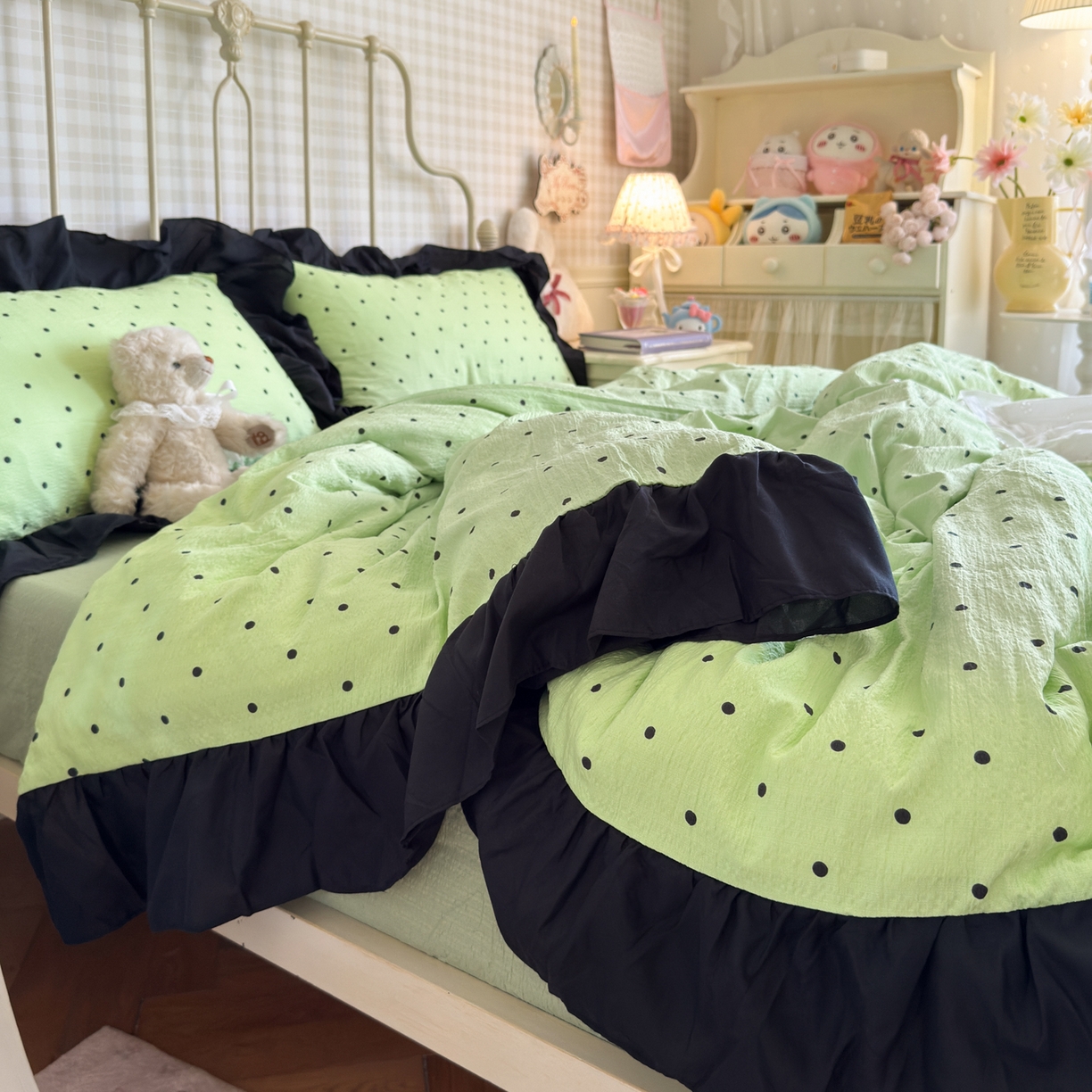 91家纺网 家纺一手货源 找家纺 优卡迪家纺馆 2026新款皱皱棉双层纱黑花边四件套下载文件包含买家秀 波点生活-绿