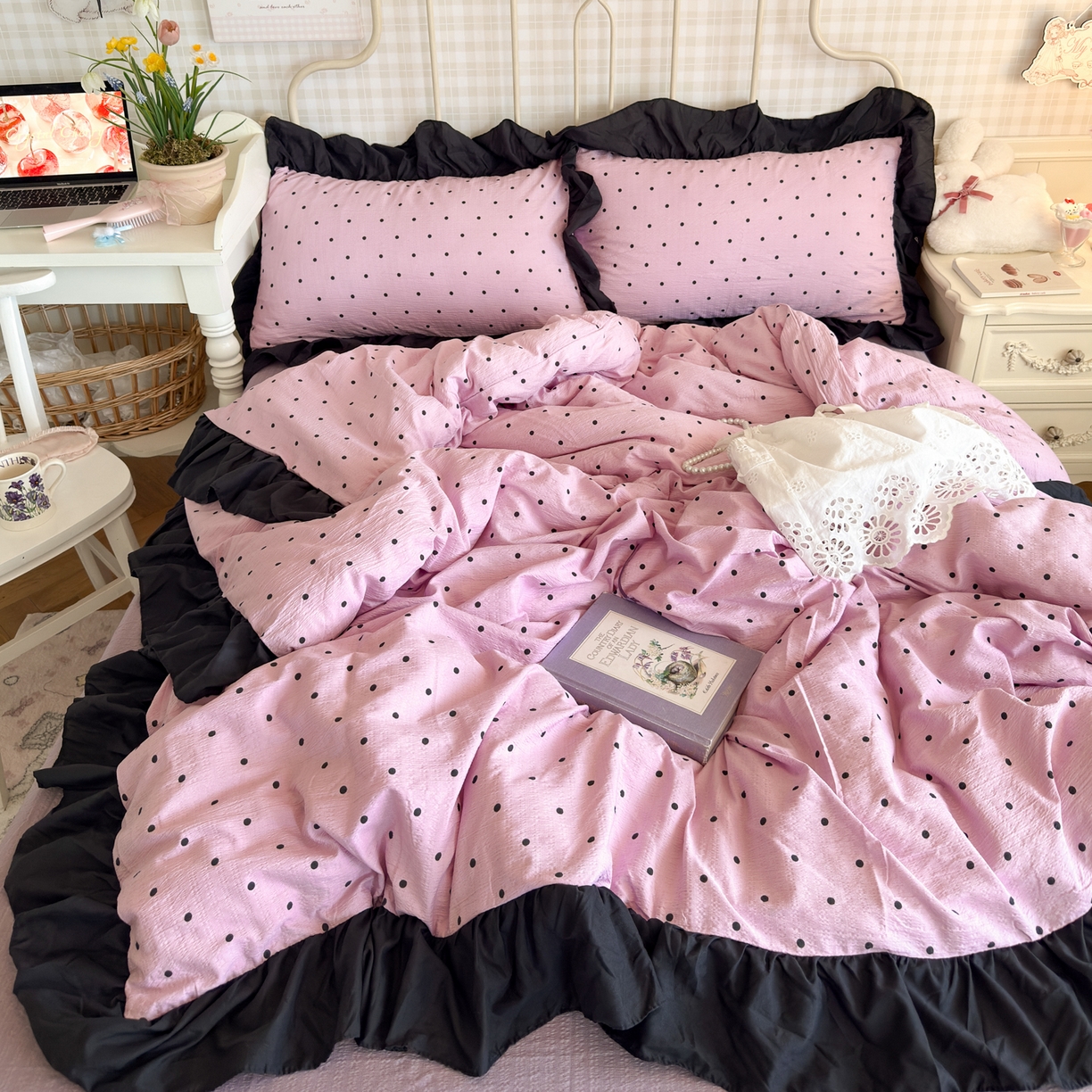 91家纺网 家纺一手货源 找家纺 优卡迪家纺馆 2026新款皱皱棉双层纱黑花边四件套下载文件包含买家秀 波点生活-紫