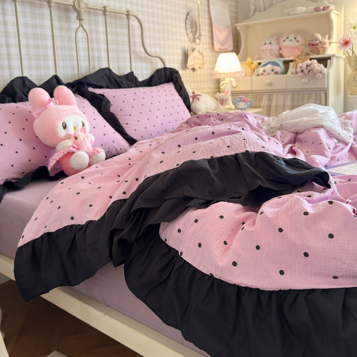 91家纺网 家纺一手货源 找家纺 优卡迪家纺馆 2026新款皱皱棉双层纱黑花边四件套下载文件包含买家秀 波点生活-紫