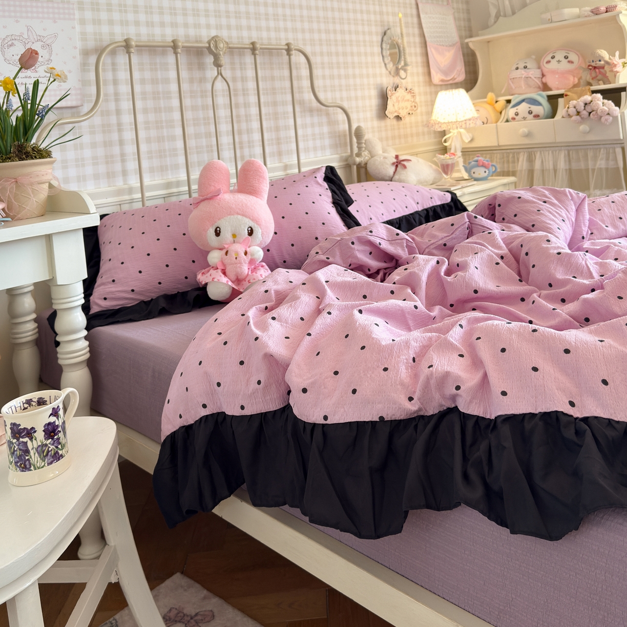 91家纺网 家纺一手货源 找家纺 优卡迪家纺馆 2026新款皱皱棉双层纱黑花边四件套下载文件包含买家秀 波点生活-紫