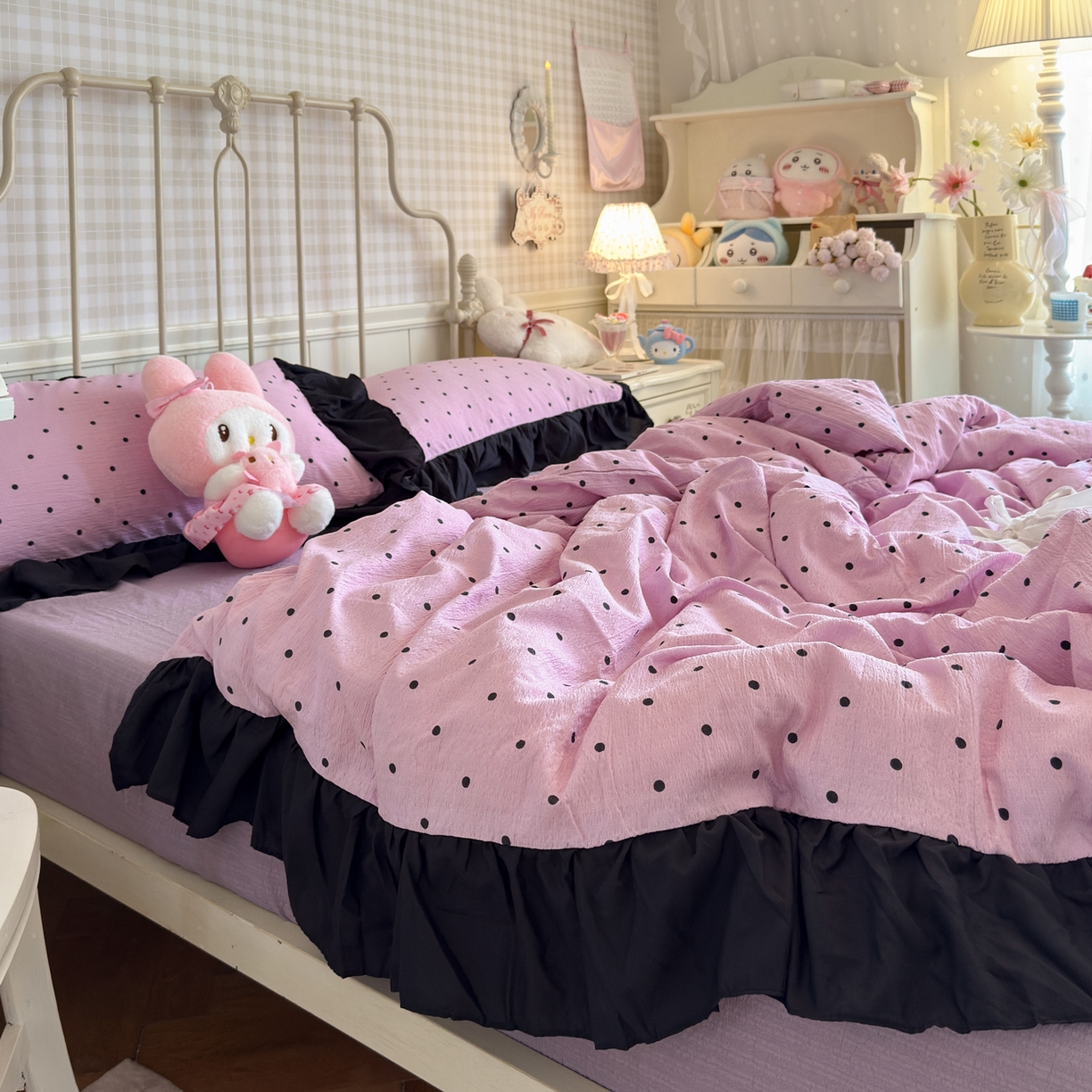 91家纺网 家纺一手货源 找家纺 优卡迪家纺馆 2026新款皱皱棉双层纱黑花边四件套下载文件包含买家秀 波点生活-紫