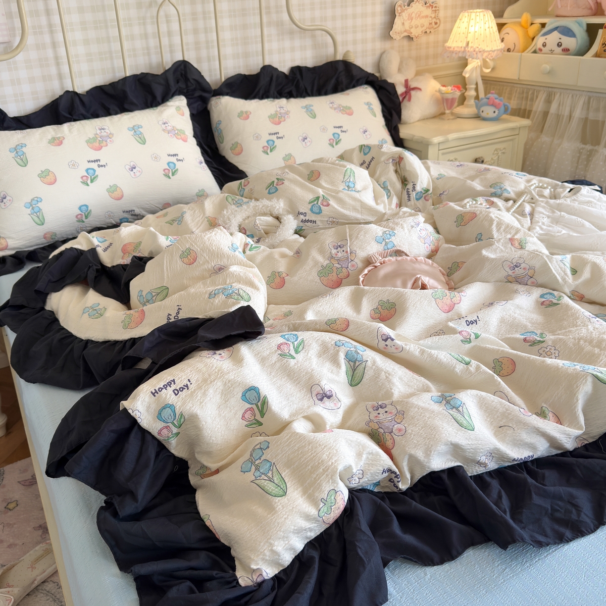 优卡迪家纺馆 2026新款皱皱棉双层纱黑花边四件套下载文件包含买家秀 草莓乐园