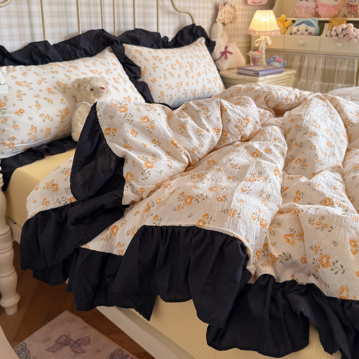 91家纺网 家纺一手货源 找家纺 优卡迪家纺馆 2026新款皱皱棉双层纱黑花边四件套下载文件包含买家秀 拂晓