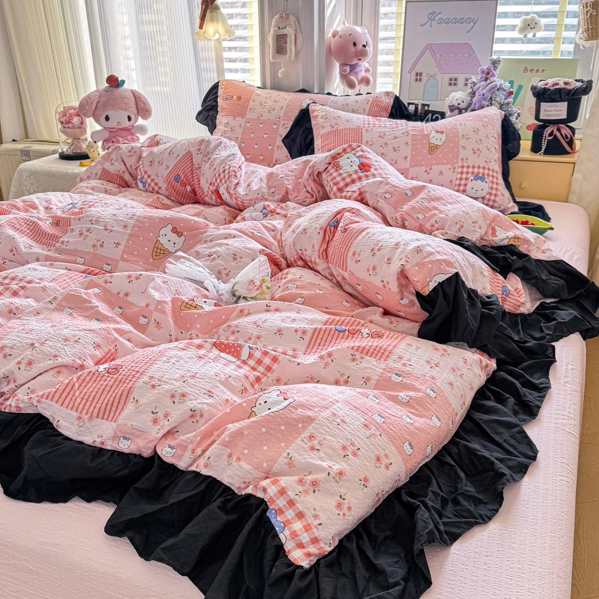 优卡迪家纺馆 2026新款皱皱棉双层纱黑花边四件套下载文件包含买家秀 花间喵语