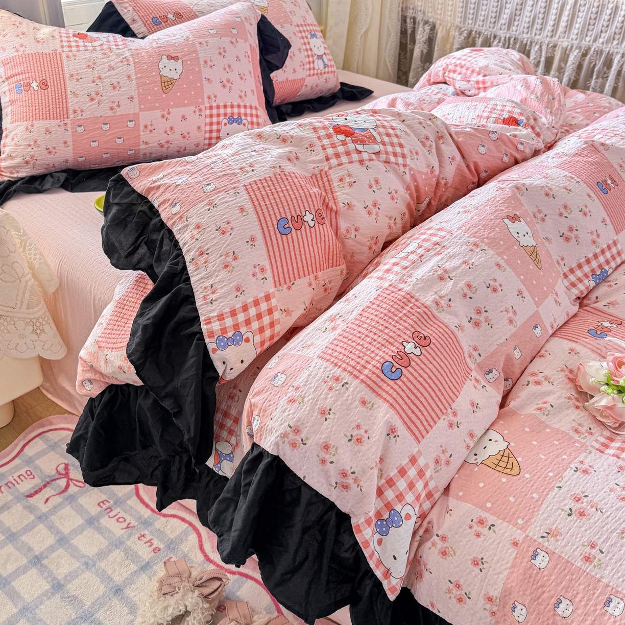 91家纺网 家纺一手货源 找家纺 优卡迪家纺馆 2026新款皱皱棉双层纱黑花边四件套下载文件包含买家秀 花间喵语