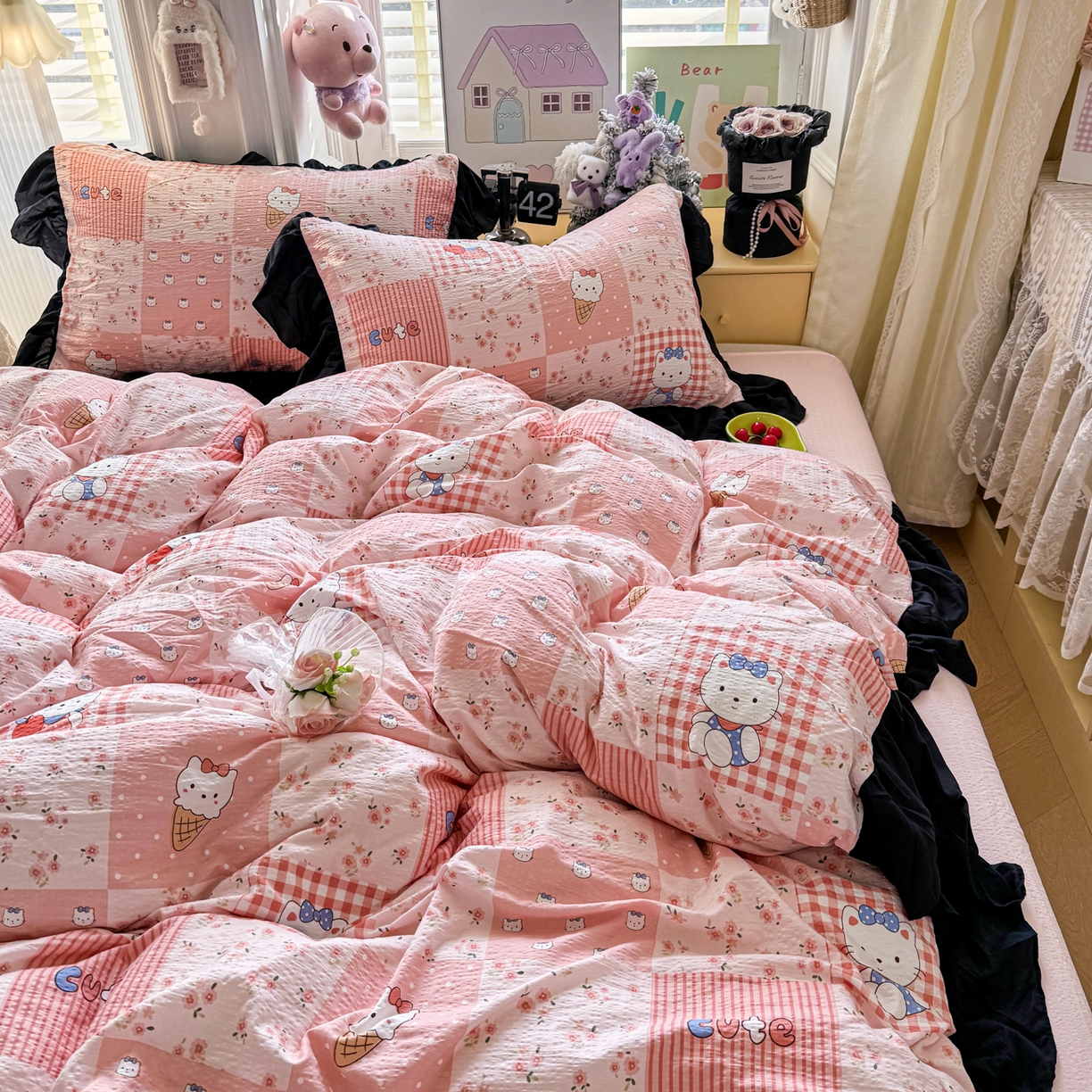 91家纺网 家纺一手货源 找家纺 优卡迪家纺馆 2026新款皱皱棉双层纱黑花边四件套下载文件包含买家秀 花间喵语