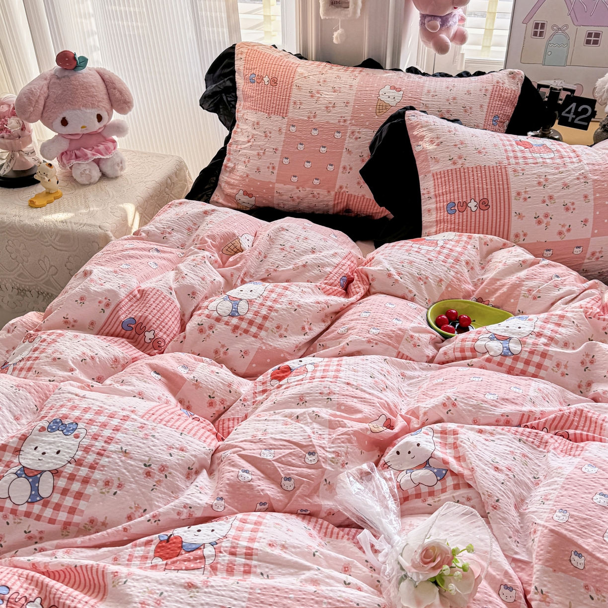 91家纺网 家纺一手货源 找家纺 优卡迪家纺馆 2026新款皱皱棉双层纱黑花边四件套下载文件包含买家秀 花间喵语