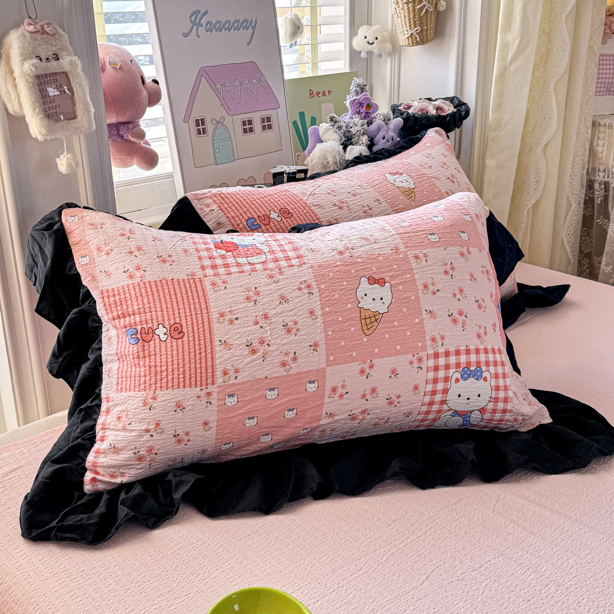 91家纺网 家纺一手货源 找家纺 优卡迪家纺馆 2026新款皱皱棉双层纱黑花边四件套下载文件包含买家秀 花间喵语