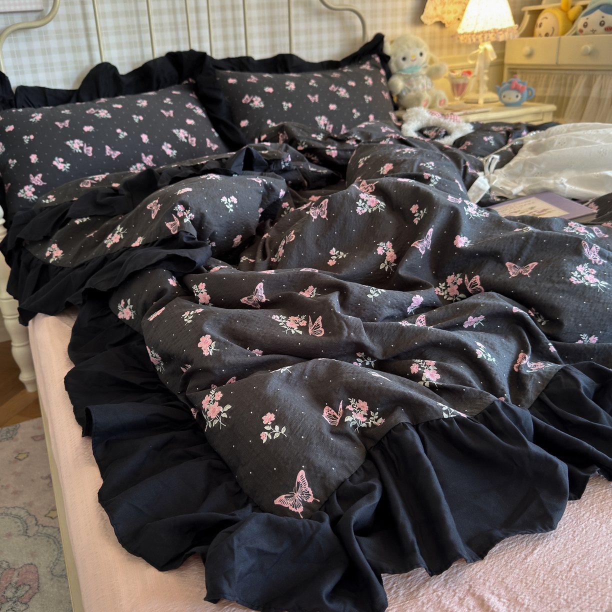 优卡迪家纺馆 2026新款皱皱棉双层纱黑花边四件套下载文件包含买家秀 花与蝶