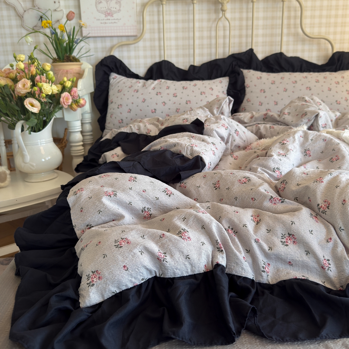 91家纺网 家纺一手货源 找家纺 优卡迪家纺馆 2026新款皱皱棉双层纱黑花边四件套下载文件包含买家秀 花园日记
