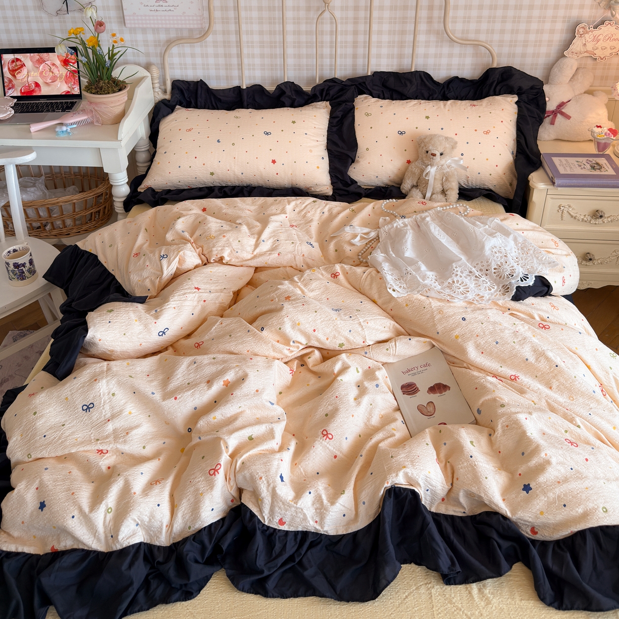 91家纺网 家纺一手货源 找家纺 优卡迪家纺馆 2026新款皱皱棉双层纱黑花边四件套下载文件包含买家秀 奶酪芝士