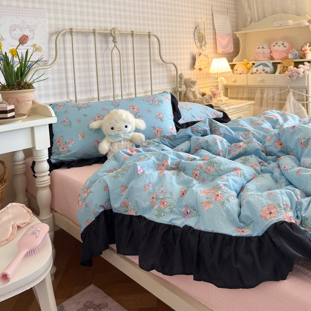 91家纺网 家纺一手货源 找家纺 优卡迪家纺馆 2026新款皱皱棉双层纱黑花边四件套下载文件包含买家秀 泡沫之夏