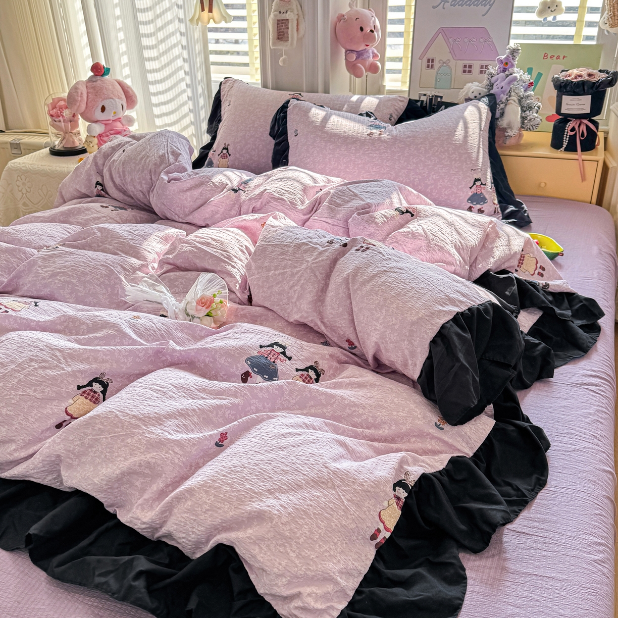 优卡迪家纺馆 2026新款皱皱棉双层纱黑花边四件套下载文件包含买家秀 柔光邂逅