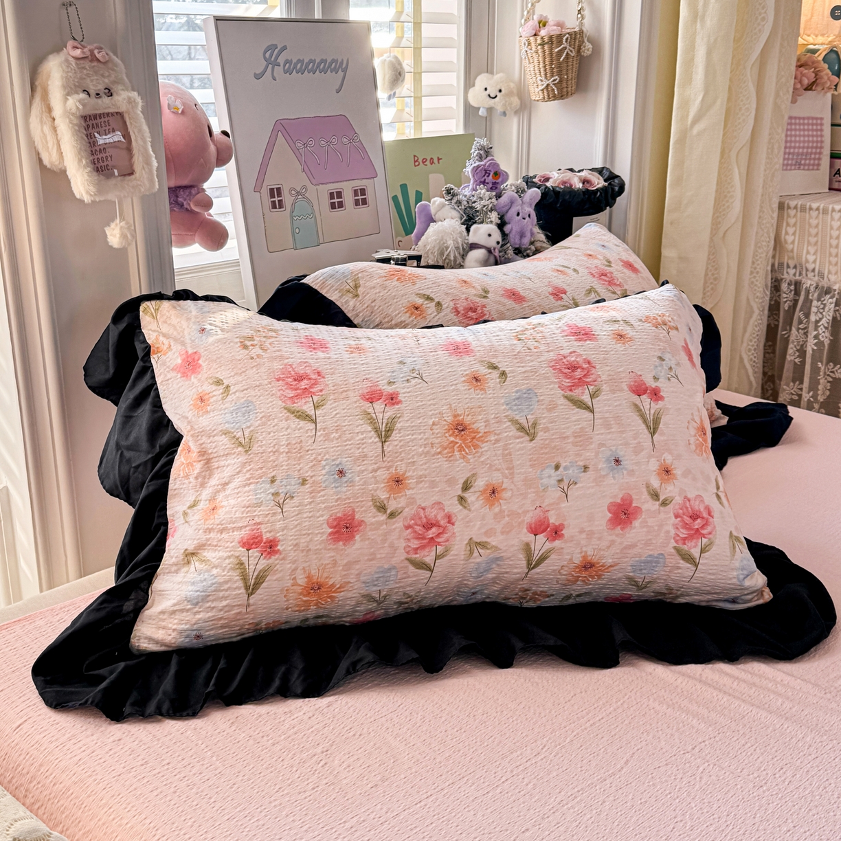 91家纺网 家纺一手货源 找家纺 优卡迪家纺馆 2026新款皱皱棉双层纱黑花边四件套下载文件包含买家秀 温柔蜜语