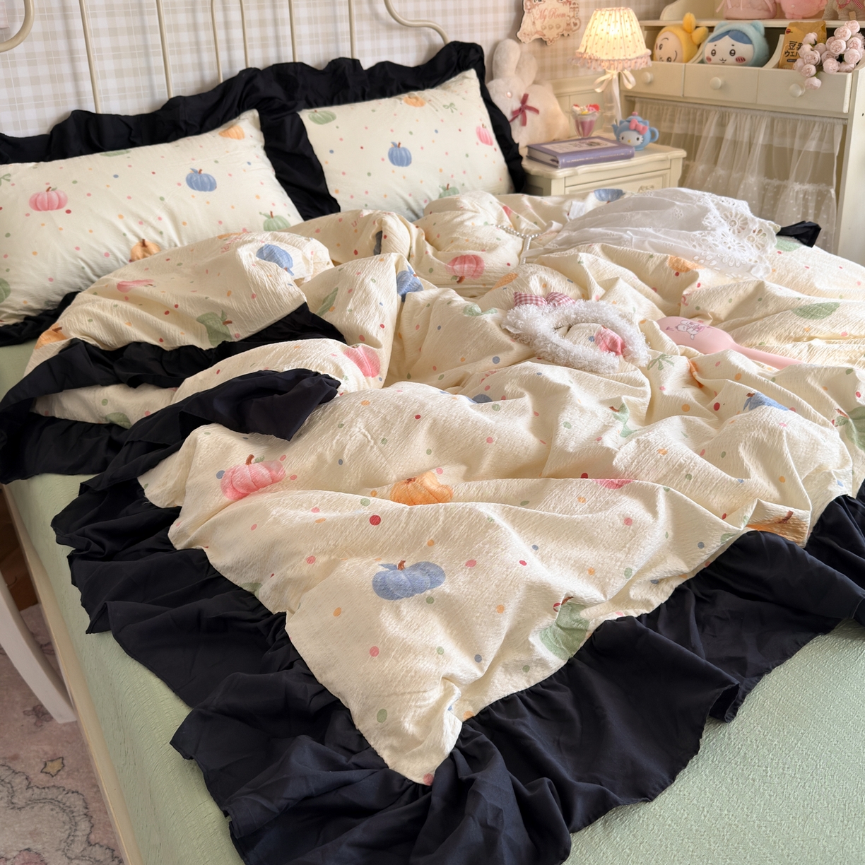 优卡迪家纺馆 2026新款皱皱棉双层纱黑花边四件套下载文件包含买家秀 炫彩南瓜