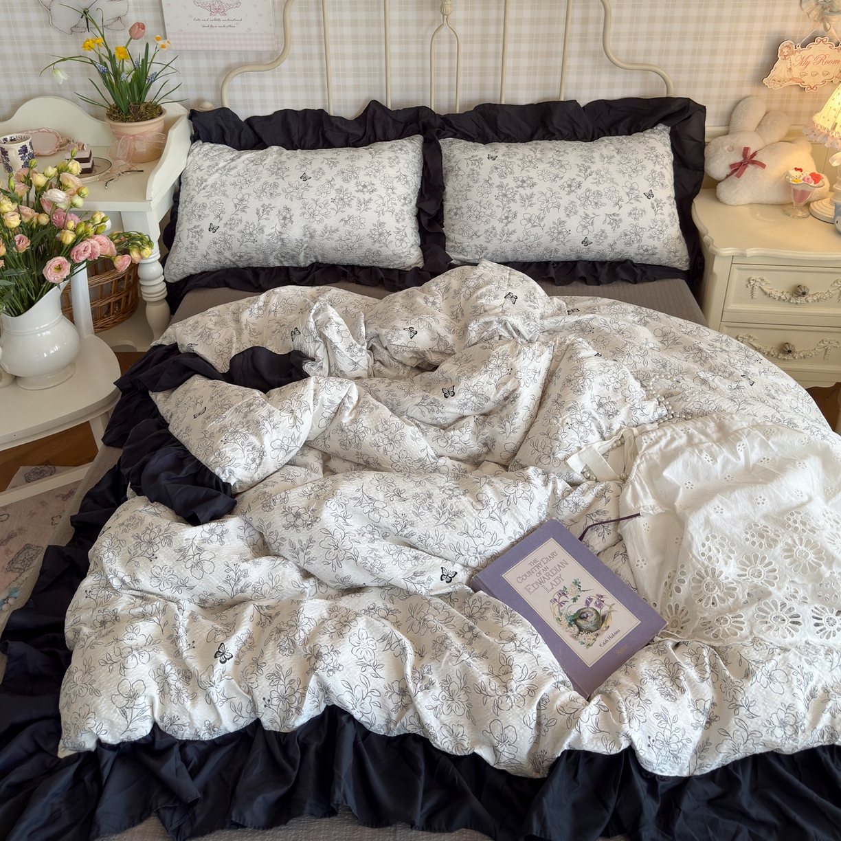 91家纺网 家纺一手货源 找家纺 优卡迪家纺馆 2026新款皱皱棉双层纱黑花边四件套下载文件包含买家秀 雨蝶