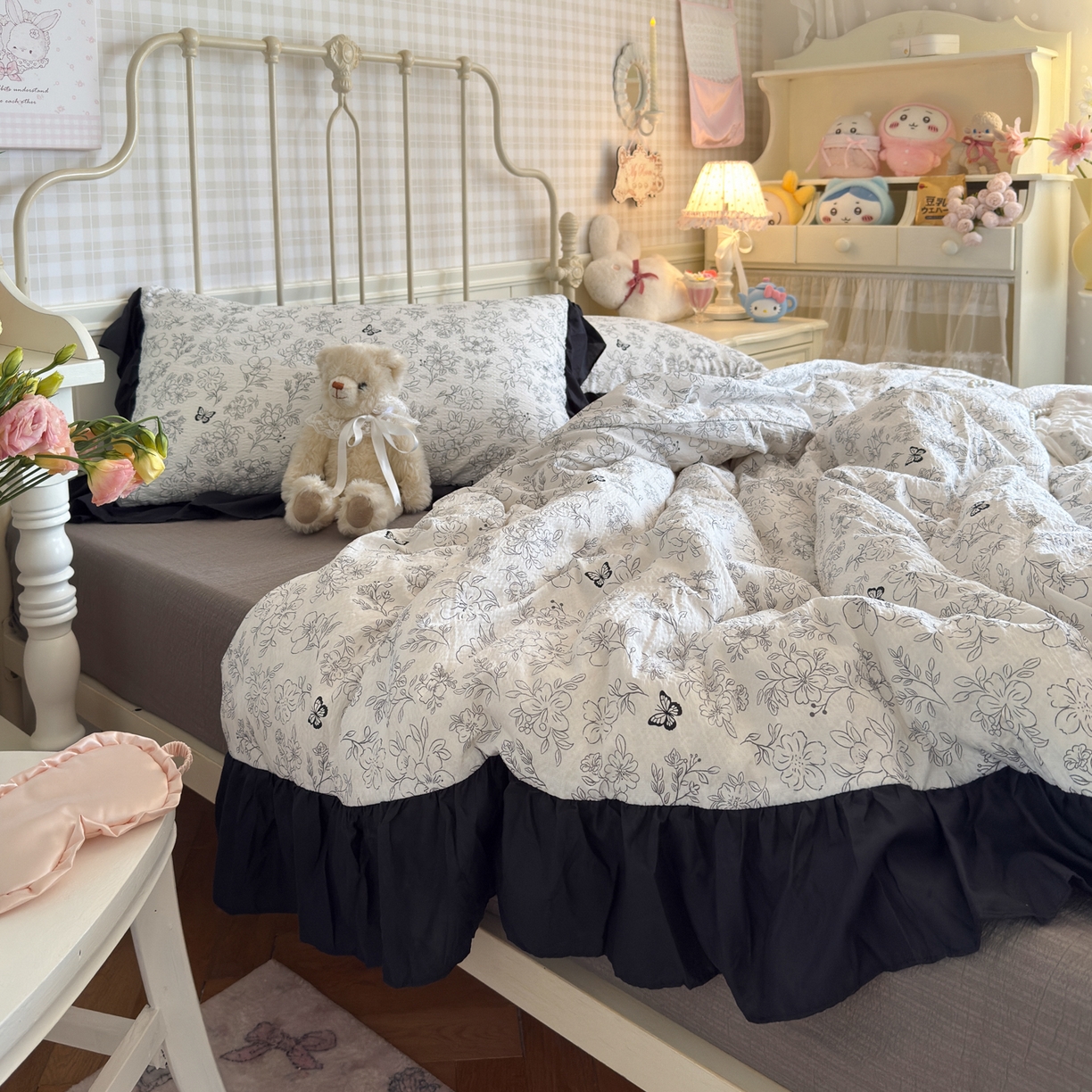 91家纺网 家纺一手货源 找家纺 优卡迪家纺馆 2026新款皱皱棉双层纱黑花边四件套下载文件包含买家秀 雨蝶