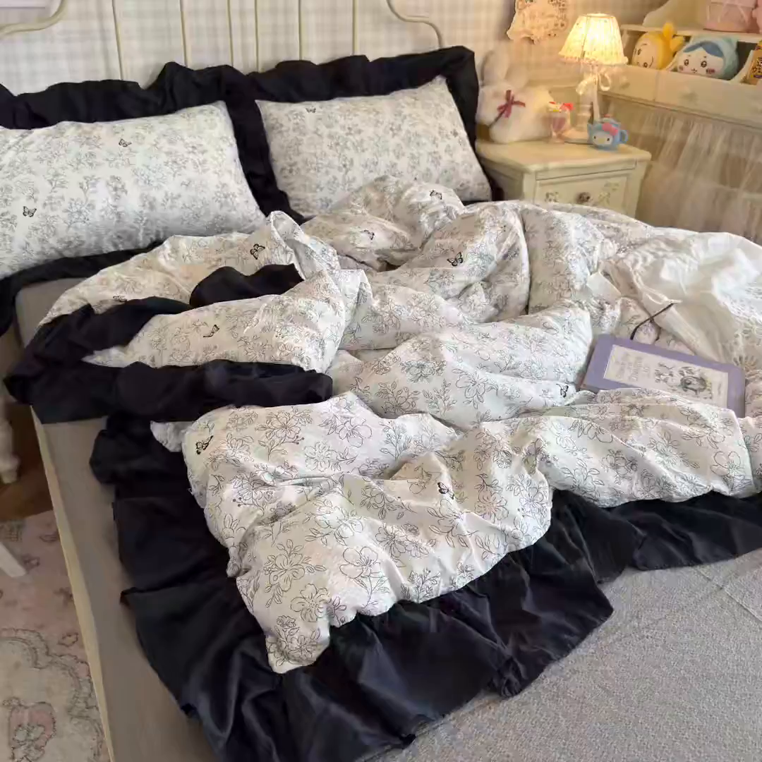 91家纺网 家纺一手货源 找家纺 优卡迪家纺馆 2026新款皱皱棉双层纱黑花边四件套下载文件包含买家秀 雨蝶