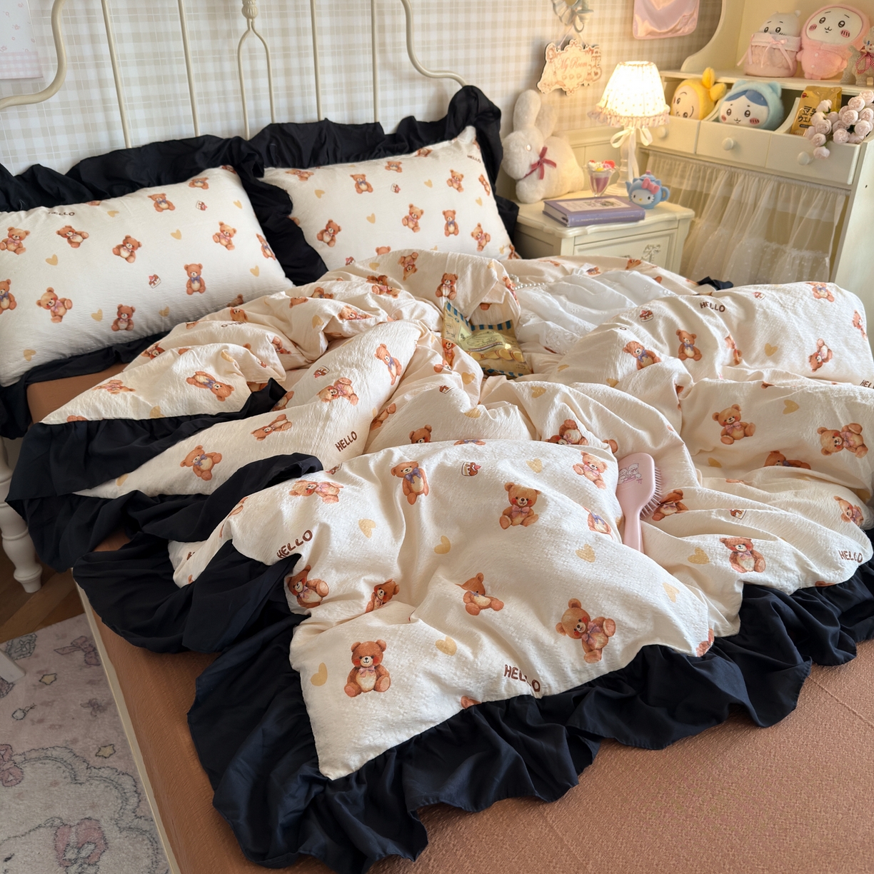 优卡迪家纺馆 2026新款皱皱棉双层纱黑花边四件套下载文件包含买家秀 元气小熊