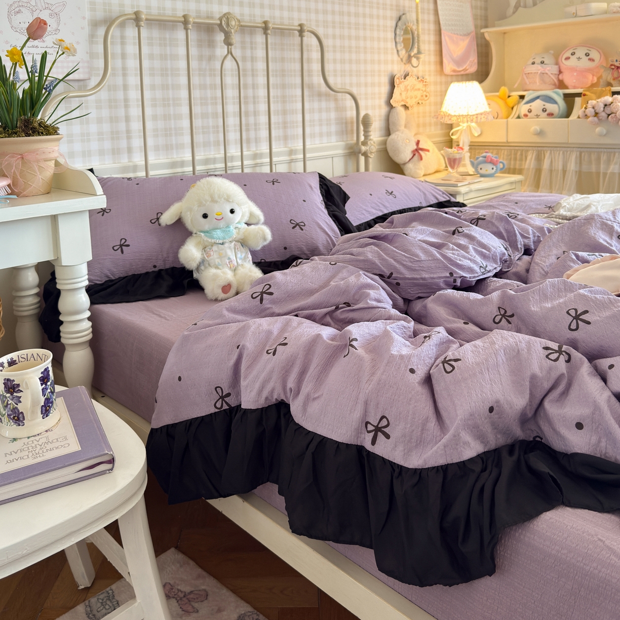 91家纺网 家纺一手货源 找家纺 优卡迪家纺馆 2026新款皱皱棉双层纱黑花边四件套下载文件包含买家秀 紫苏