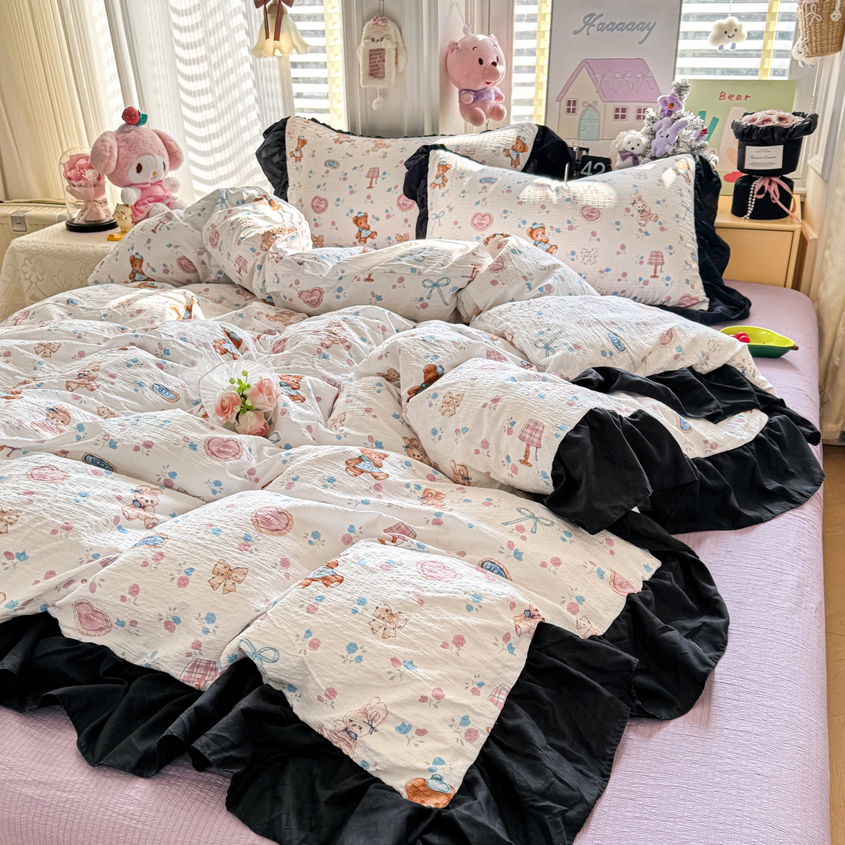 优卡迪家纺馆 2026新款皱皱棉双层纱黑花边四件套下载文件包含买家秀 紫韵流光