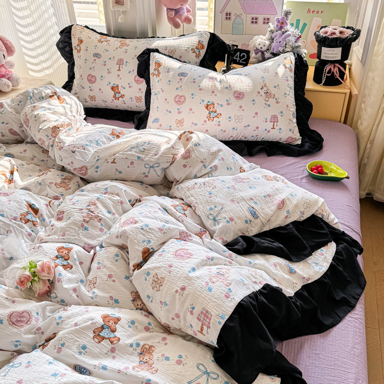 91家纺网 家纺一手货源 找家纺 优卡迪家纺馆 2026新款皱皱棉双层纱黑花边四件套下载文件包含买家秀 紫韵流光