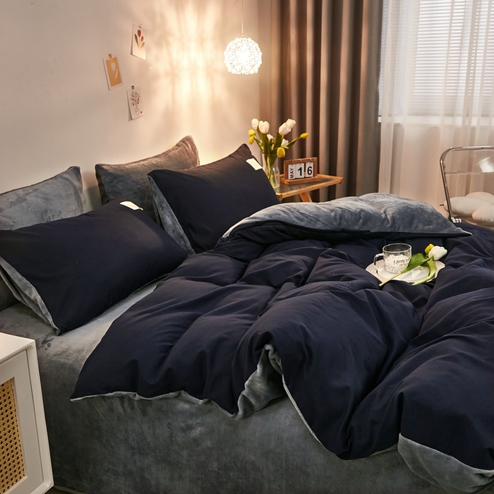91家纺网 家纺一手货源 找家纺 啊雅家居 2026新款水洗棉牛奶绒三件套四件套 藏青加牛奶绒