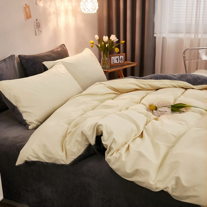 91家纺网 家纺一手货源 找家纺 啊雅家居 2026新款水洗棉牛奶绒三件套四件套 暖黄加牛奶绒