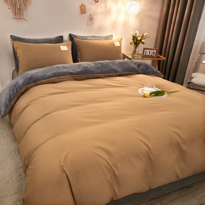 91家纺网 家纺一手货源 找家纺 啊雅家居 2026新款水洗棉牛奶绒三件套四件套 暖咖加牛奶绒