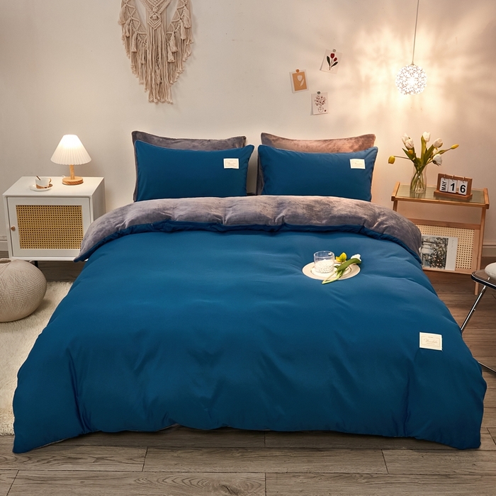 91家纺网 家纺一手货源 找家纺 啊雅家居 2026新款水洗棉牛奶绒三件套四件套 克莱因蓝加牛奶绒