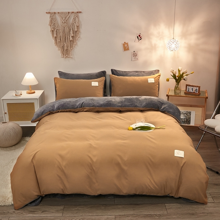 91家纺网 家纺一手货源 找家纺 啊雅家居 2026新款水洗棉牛奶绒三件套四件套 暖咖加牛奶绒