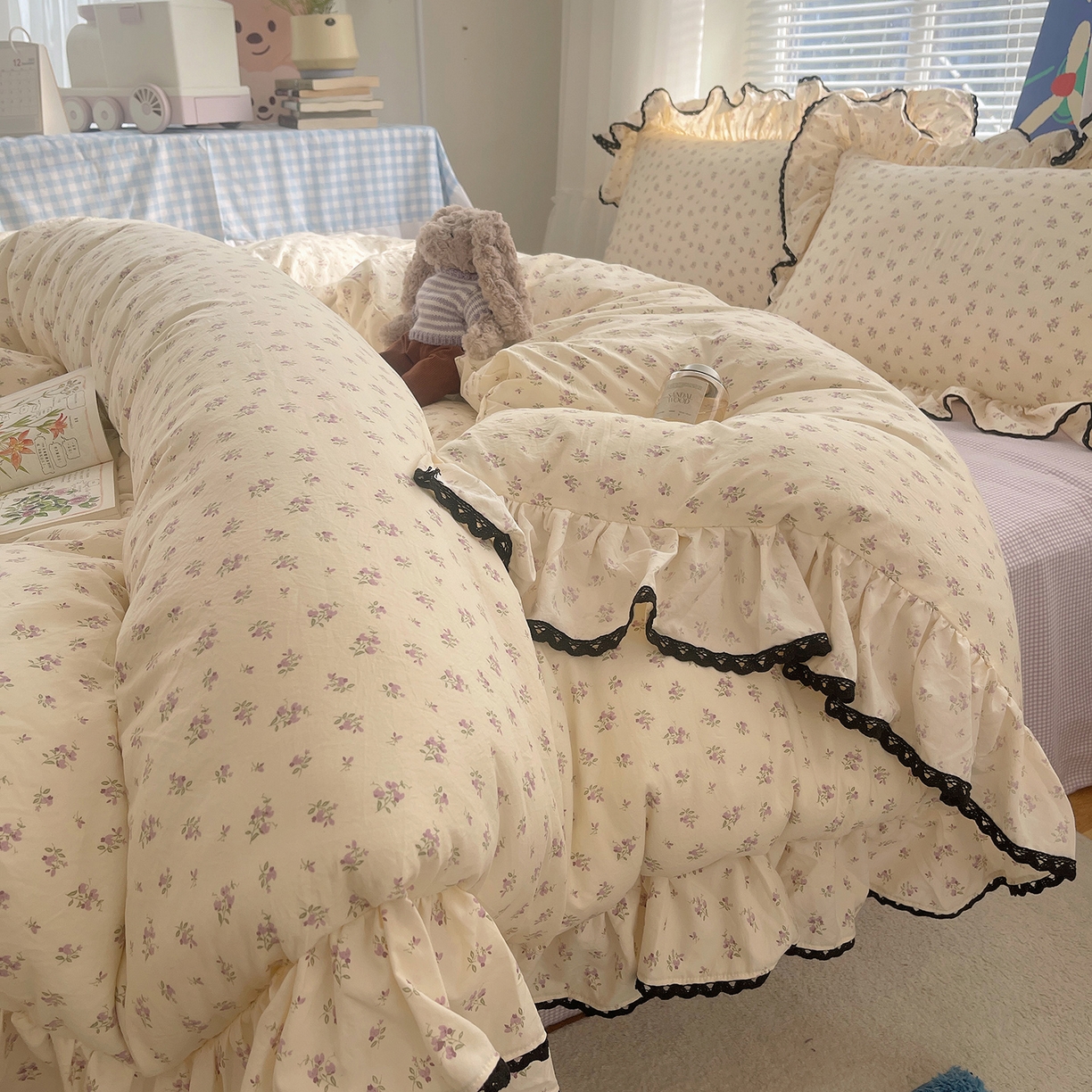 三朵家纺 2026新款云柔水洗棉大花边A类韩版四件套 漫漫花香