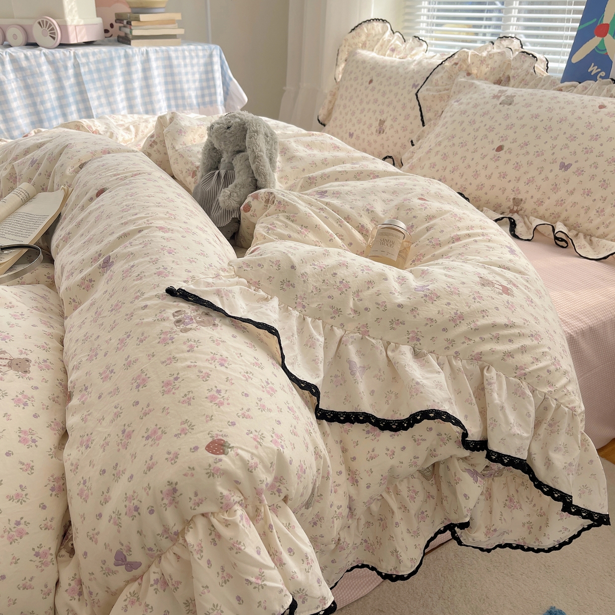 三朵家纺 2026新款云柔水洗棉大花边A类韩版四件套 花花熊仔