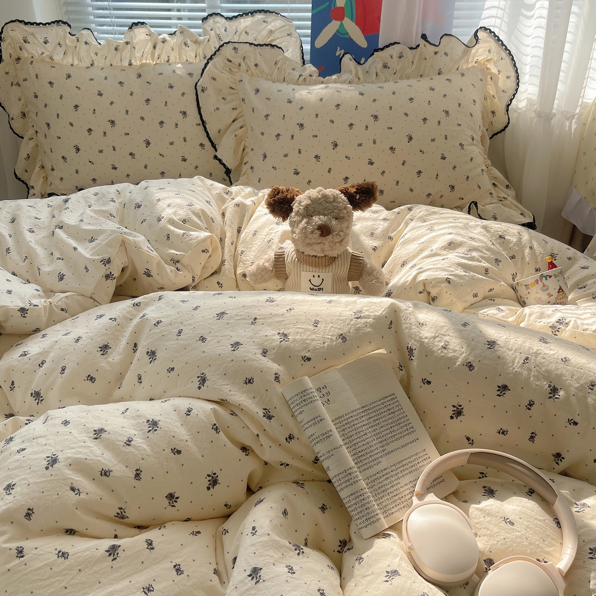 91家纺网 家纺一手货源 找家纺 三朵家纺 2026新款云柔水洗棉大花边A类韩版四件套 半岛玫瑰