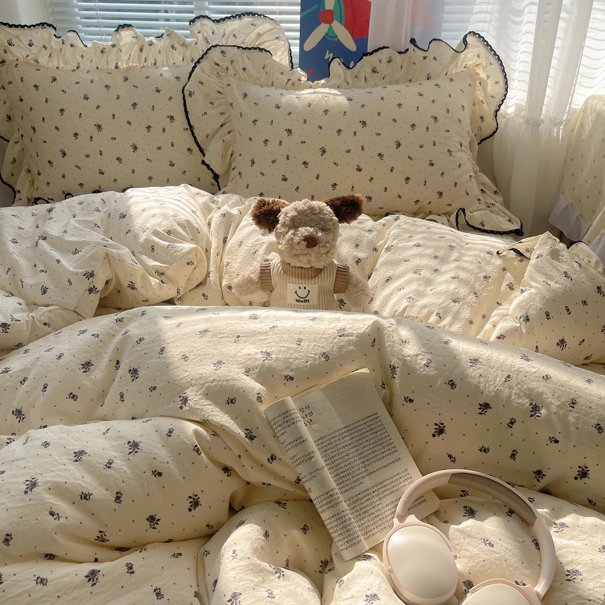 91家纺网 家纺一手货源 找家纺 三朵家纺 2026新款云柔水洗棉大花边A类韩版四件套 半岛玫瑰