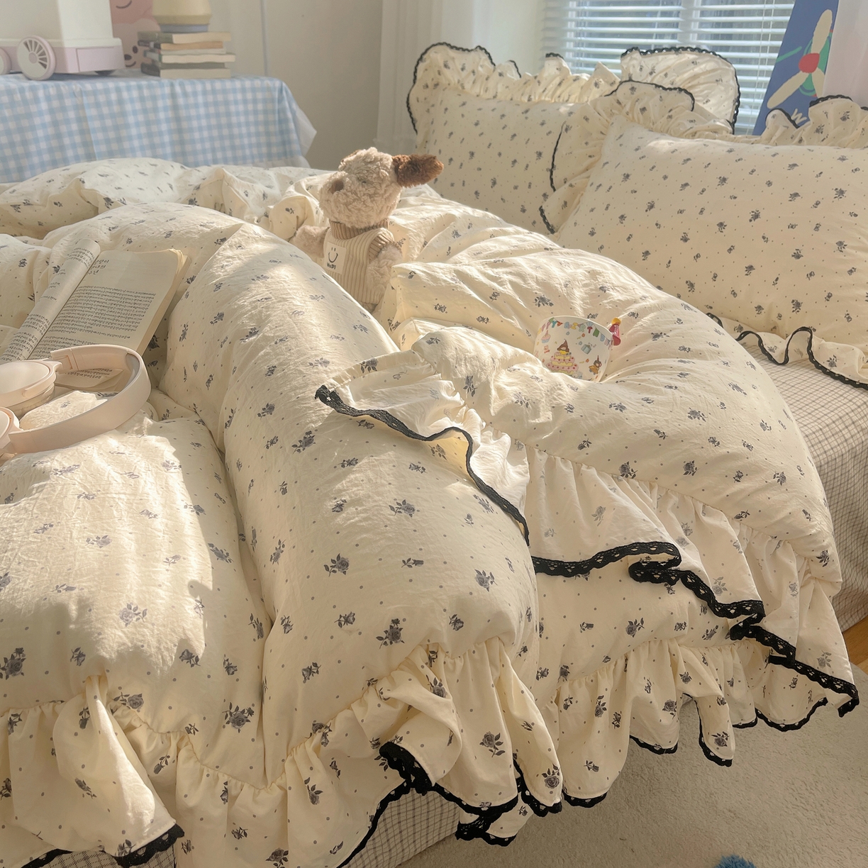 三朵家纺 2026新款云柔水洗棉大花边A类韩版四件套 半岛玫瑰